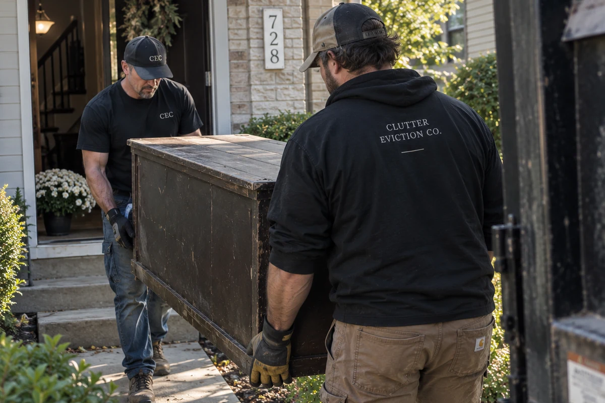 Two Clutter Eviction Co. crew members carrying a bulky cabinet out of a home