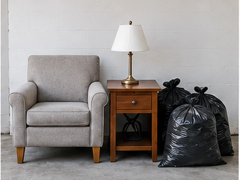 Illustrative example of a few items: chair, side table, lamp and bags